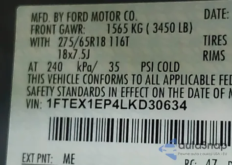 2020 Ford F-150 Xlt from USA, damaged, VIN 1FTEX1EP4LKD30634